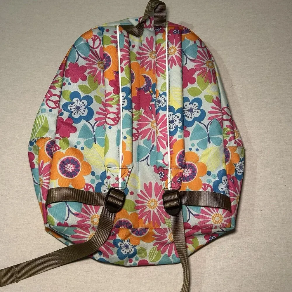 L.L.Bean multicolor floral backpack, vibrant retro flower, silver reflective